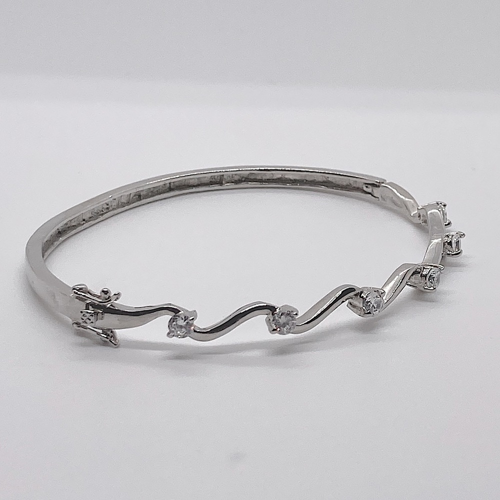 Vtg 925 Sterling Silver & White / Clear CZ Stone Wavy Hinged Bangle 8” C / 2.3”D